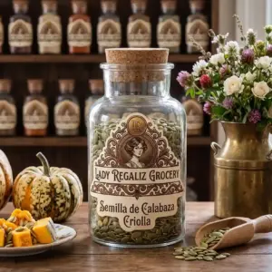 Semillas o pepitas de calabaza criolla peladas de color verde suave en frasco tradicional. sobre mesa de madera, acompañado de calabaza de invierno, con platito de porcelana son calabaza de invierno, lechera con flores blancas y moradas, al fondo un estante de madera con frascos de frutas deshidratadas de Lady Regaliz Grocery.