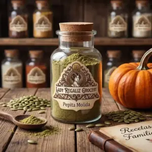 Pepita de calabaza molida fina de color verde pálido en frasco artesanal de época, sobre mesa de madera rústica con semillas de pepita pelada, cuchara de madera, calabaza de invierno y cuaderno de recetas familiares, al fondo estantería de madera con frascos de condimentos de Lady Regaliz Grocery.
