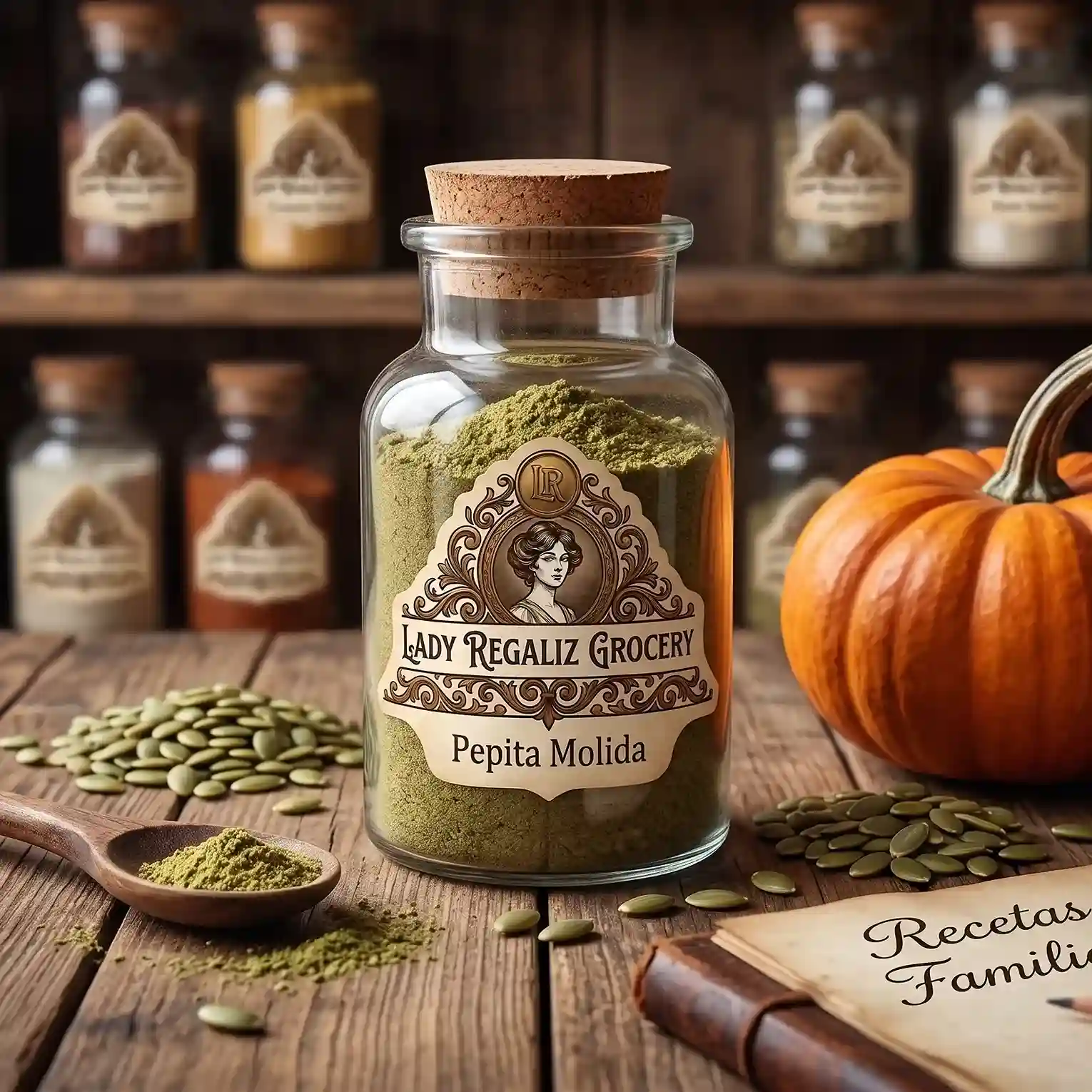 Pepita de calabaza molida fina de color verde pálido en frasco artesanal de época, sobre mesa de madera rústica con semillas de pepita pelada, cuchara de madera, calabaza de invierno y cuaderno de recetas familiares, al fondo estantería de madera con frascos de condimentos de Lady Regaliz Grocery.