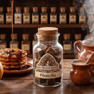 Conos tradicionales de piloncillo artesanal en frasco de vidrio rústico sobre mesa de madera con buñuelos recién hechos y miel de piloncillo, a un lado una olla de atole y una taza de atole recién servida, al fondo la estantería de madera con más frascos de Lady Regaliz Grocery.