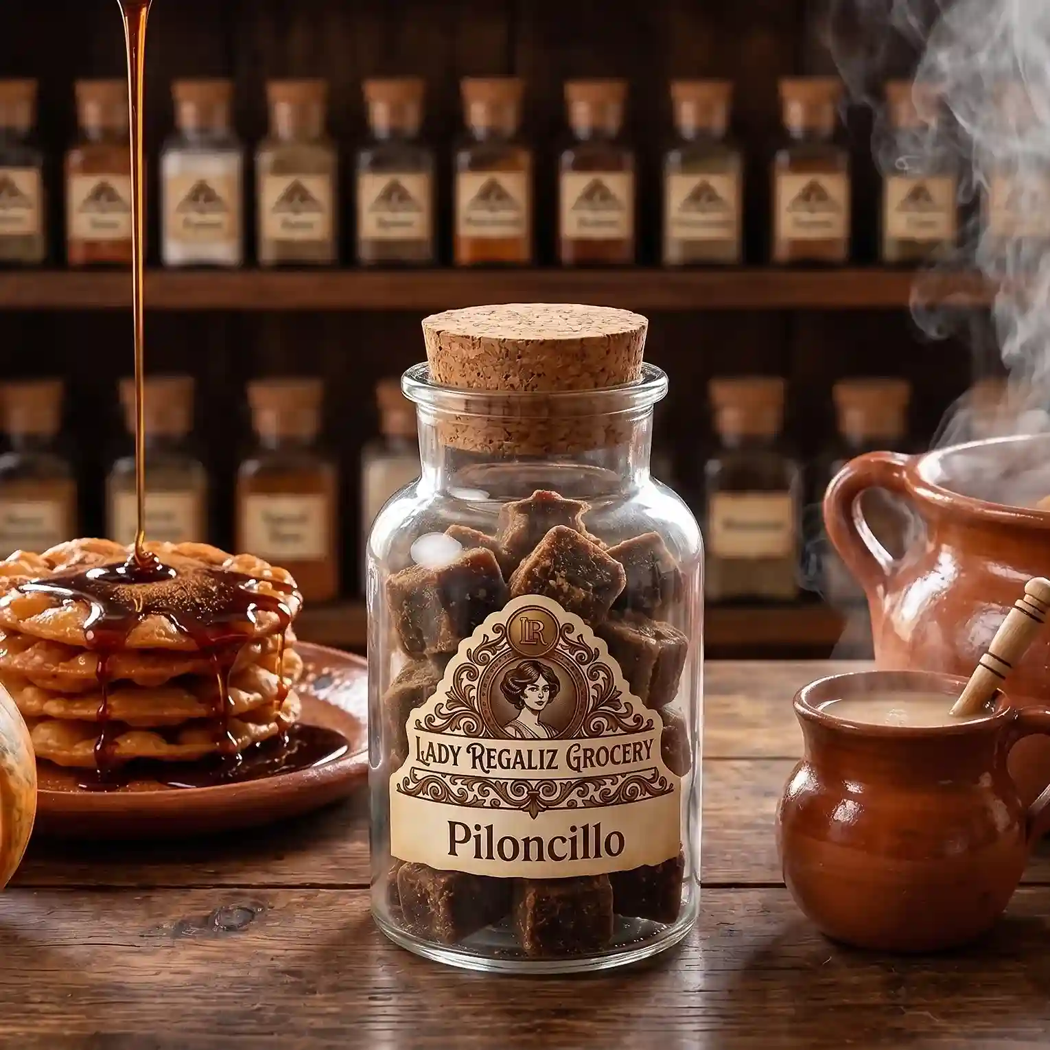 Conos tradicionales de piloncillo artesanal en frasco de vidrio rústico sobre mesa de madera con buñuelos recién hechos y miel de piloncillo, a un lado una olla de atole y una taza de atole recién servida, al fondo la estantería de madera con más frascos de Lady Regaliz Grocery.