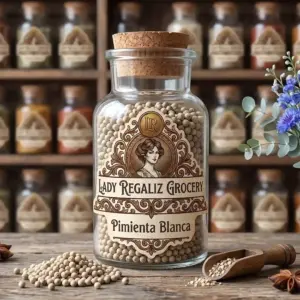 Granos de pimienta blanca entera en frasco artesanal de botica vintage sobre mesa de madera, con un montoncito de pimienta blanca, palita de madera y hojas de eucalipto, al fondo una estantería de madera con frascos de vidrio de condimentos en Lady Regaliz Grocery.