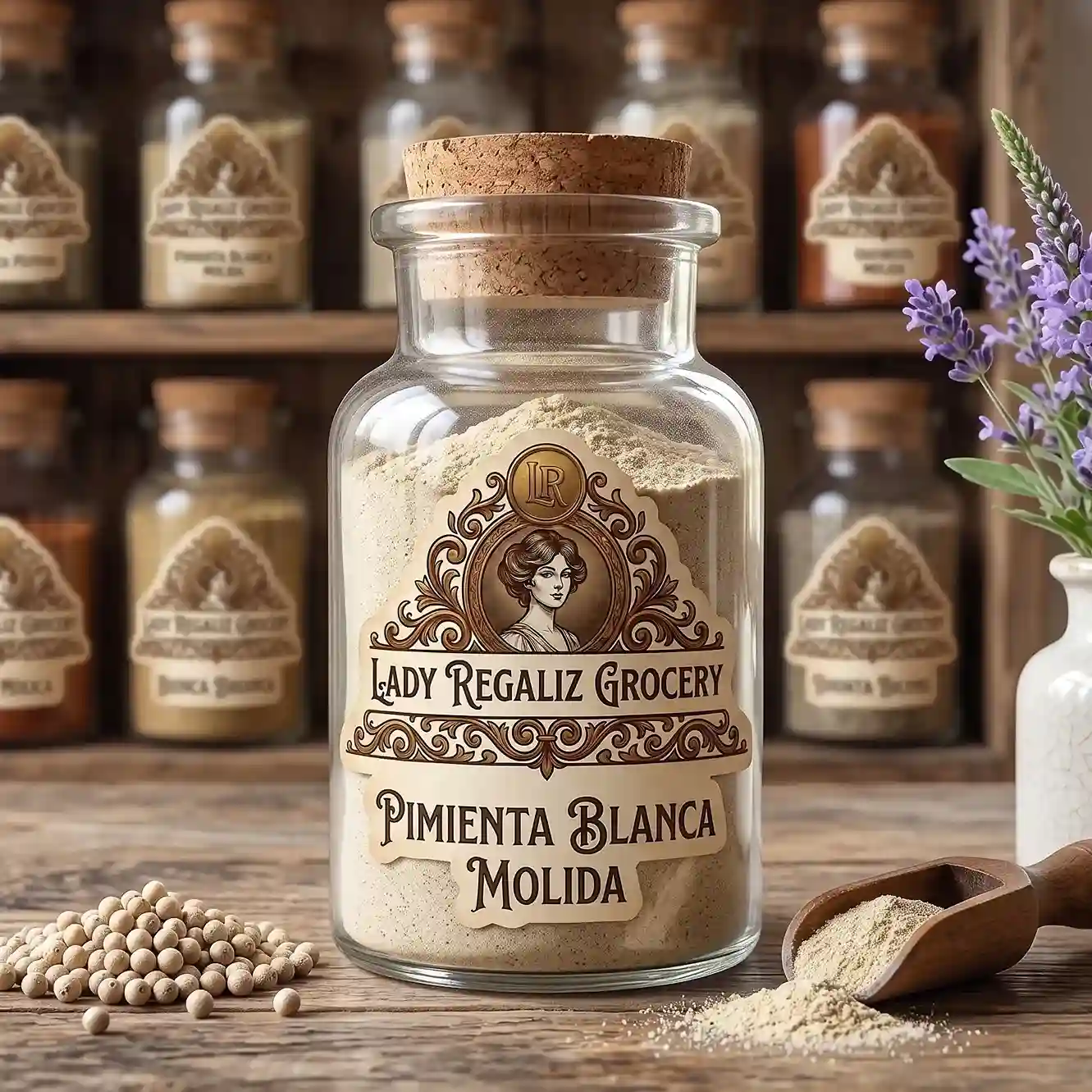 Pimienta blanca molida fina en frasco de vidrio rústico para la sección de condimentos sobre mesa de madera con montoncito de semilla de pimienta blanca y palita de madera con pimienta blanca molida de Lady Regaliz Grocery.