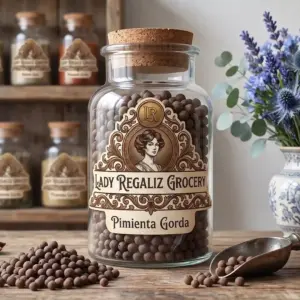 Pimienta gorda entera de aroma dulce en frasco de vidrio tradicional de época sobre una mesa de madera, a lado un montoncito de pimienta gorda y una palita antigua de metal, al fondo un florero de porcelana con flores azules y eucaliptos, con una estantería de madera con frascos de cristal de condimentos en Lady Regaliz Grocery