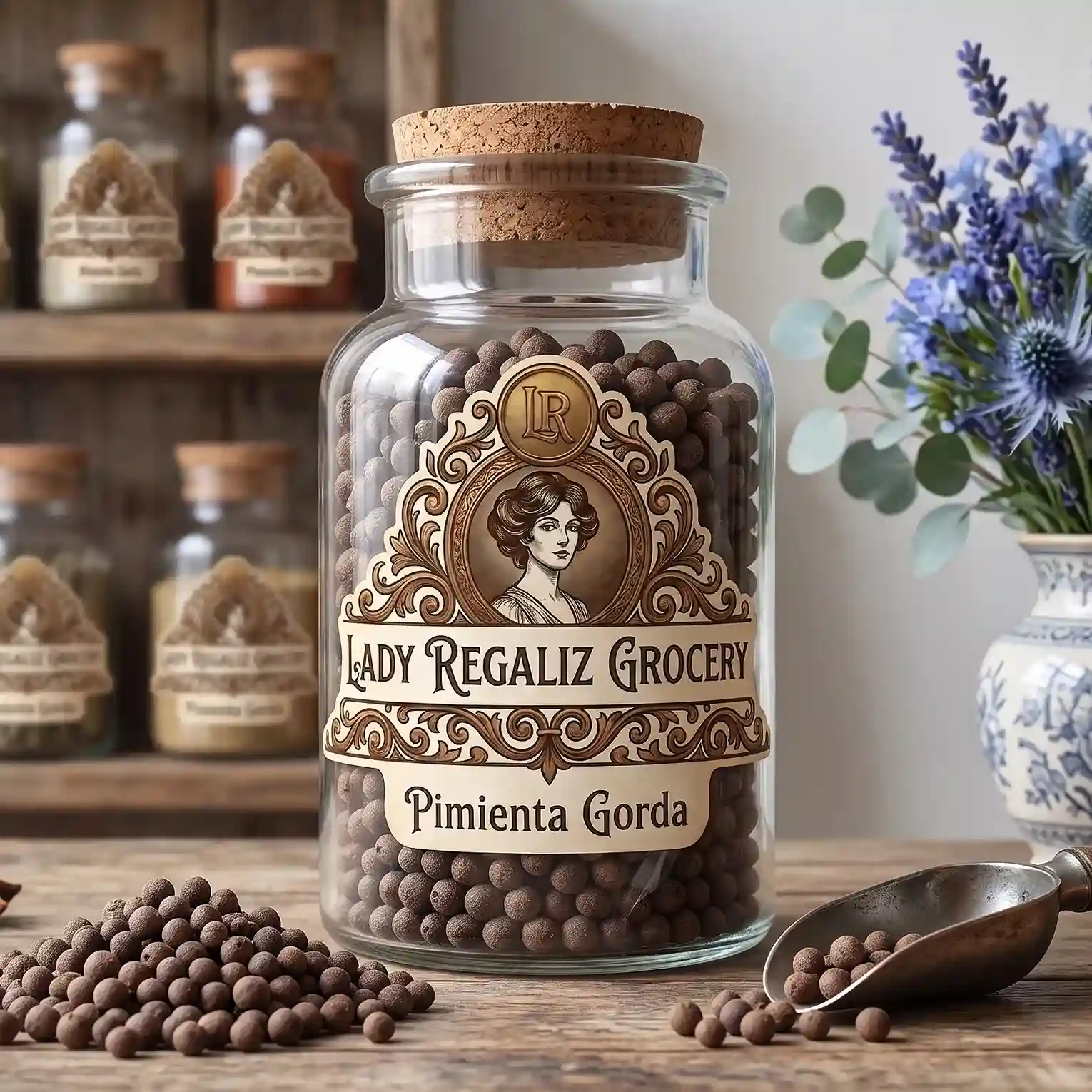 Pimienta gorda entera de aroma dulce en frasco de vidrio tradicional de época sobre una mesa de madera, a lado un montoncito de pimienta gorda y una palita antigua de metal, al fondo un florero de porcelana con flores azules y eucaliptos, con una estantería de madera con frascos de cristal de condimentos en Lady Regaliz Grocery