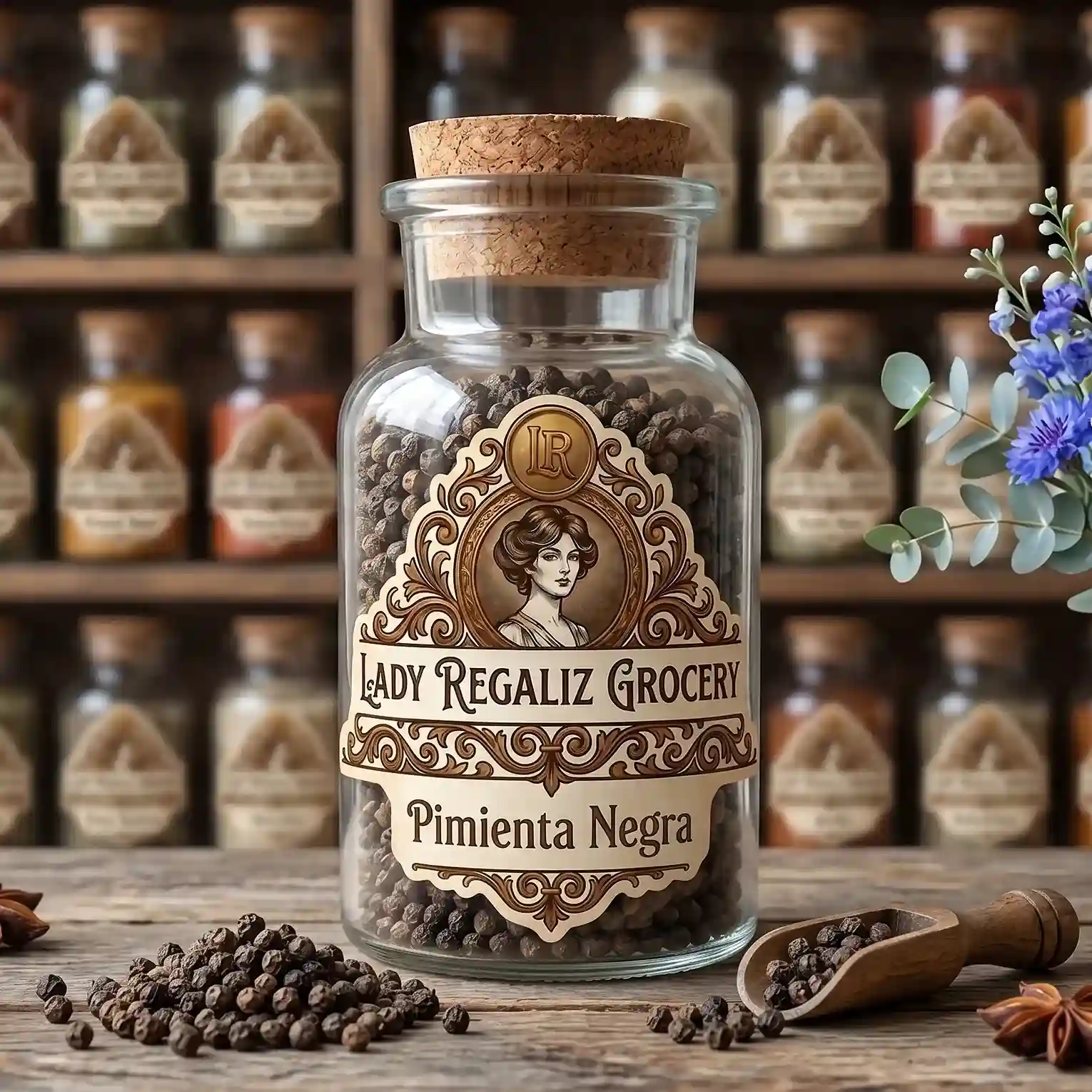 Granos de pimienta negra entera de aroma intenso en frasco artesanal de botica vintage con tapón de corcho sobre mesa de madera, hay un montoncito de pimienta negra, unas semillas de anis estrella y una palita de madera, al fondo unas hojas de eucalipto y la estantería con frascos de condimentos de Lady Regaliz Grocery.