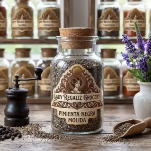 Pimienta negra molida de aroma intenso en frasco tradicional con etiqueta antigua y molinillo manual de color negro con palita de madera y florero con flores moradas de Lady Regaliz Grocery.