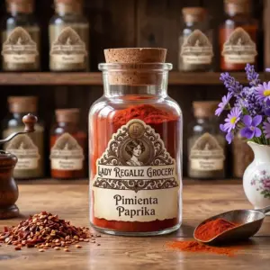 Pimienta paprika en polvo de color rojo vivo en frasco artesanal vintage sobre mesa de madera con un montoncito de pimienta paprika, palita de aluminio y florero blanco con flores moradas de Lady Regaliz Grocery.