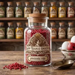 Bayas de pimienta roja entera en frasco de vidrio vintage, sobre mesa de madera, palita de latón y huevera elegante con huevos rojos y blancos, al fondo un estante de la tienda de Lady Regaliz Grocery con condimentos.