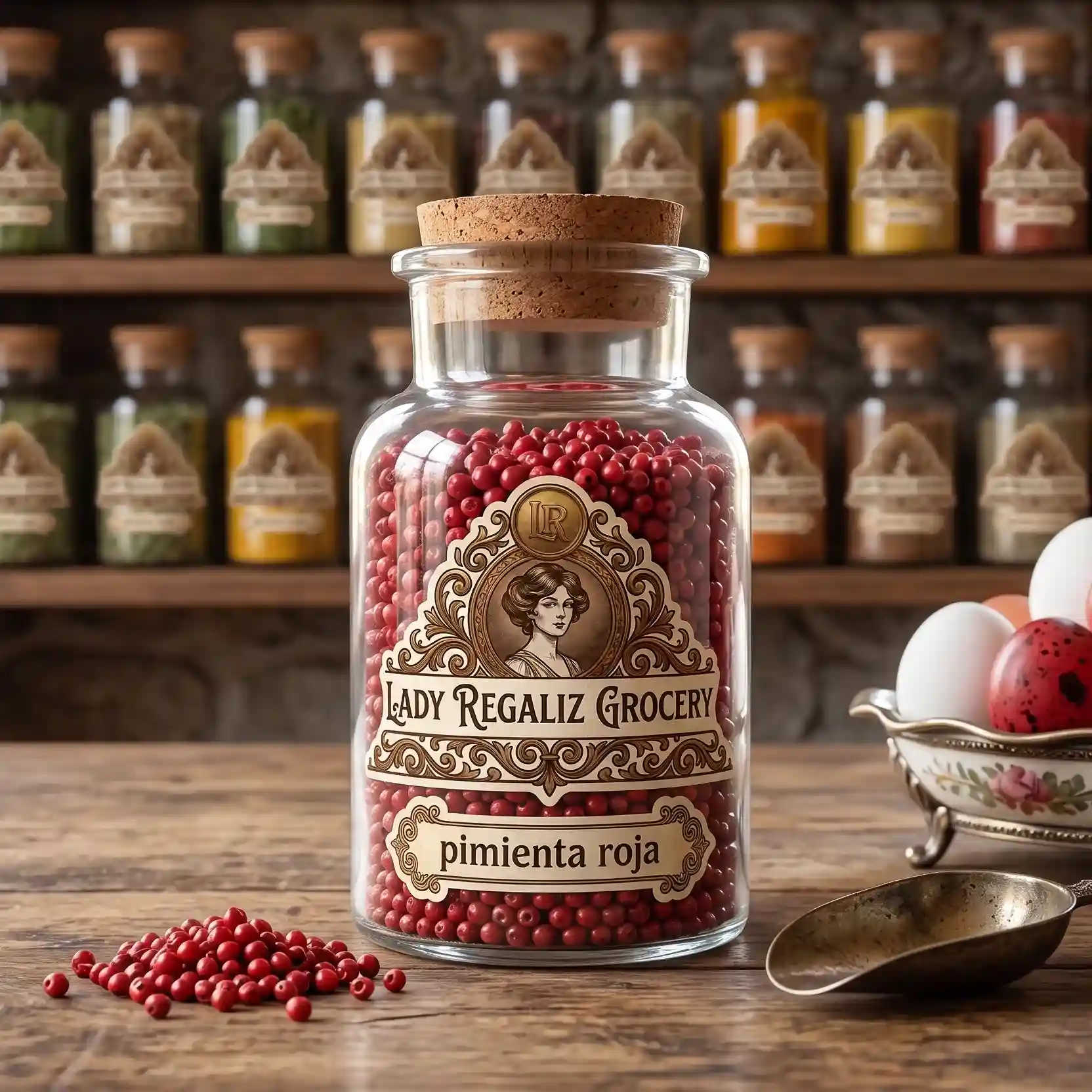 Bayas de pimienta roja entera en frasco de vidrio vintage, sobre mesa de madera, palita de latón y huevera elegante con huevos rojos y blancos, al fondo un estante de la tienda de Lady Regaliz Grocery con condimentos.