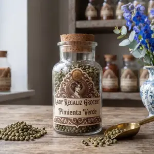 Bayas de pimienta verde entera deshidratada en frasco rústico de vidrio sobre mesa de madera, a un lado un montoncito de semilla de pimienta verde y palita de latón, hay un florero de porcelana con flores azules y al fondo un estante con condimentos de Lady Regaliz Grocery.