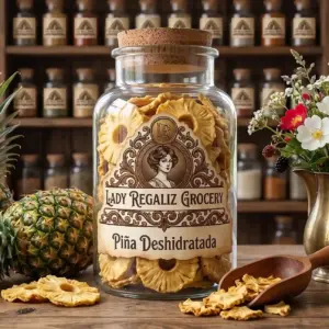Rodajas de piña deshidratada natural en frasco de botica de diseño antiguo, sobre mesa de madera, acompañado de piñas frescas, rodajas de piña deshidratada, palita de caoba, claveles y vainas de mora dentro de lechera de latón, al fondo un estante de madera con frascos de frutas deshidratadas de Lady Regaliz Grocery.