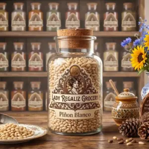 Piñones blancos enteros de textura suave en frasco de vidrio antiguo con tapón de corcho, sobre mesa de madera, acompañado de platito de porcelana con piñones blancos, tarro de miel, piñas piñoneras, flores azules y girasoles dentro de florero de porcelana azul, al fondo un estante de madera con frascos de frutos secos de Lady Regaliz Grocery.