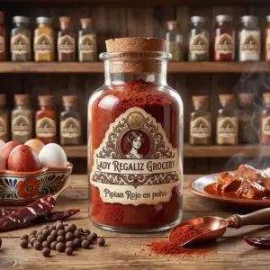 Pipián rojo tradicional en polvo de tono cálido en frasco de botica antigua, sobre mesa de madera, acompañado de huevera de cerámica con huevos rojos y blancos, montoncito de chiles secos y pimientas gordas, palita de latón y plato de cerámica con cerdo en pipían rojo, s al fondo un estante de madera con frascos de productos artesanales de Lady Regaliz Grocery.