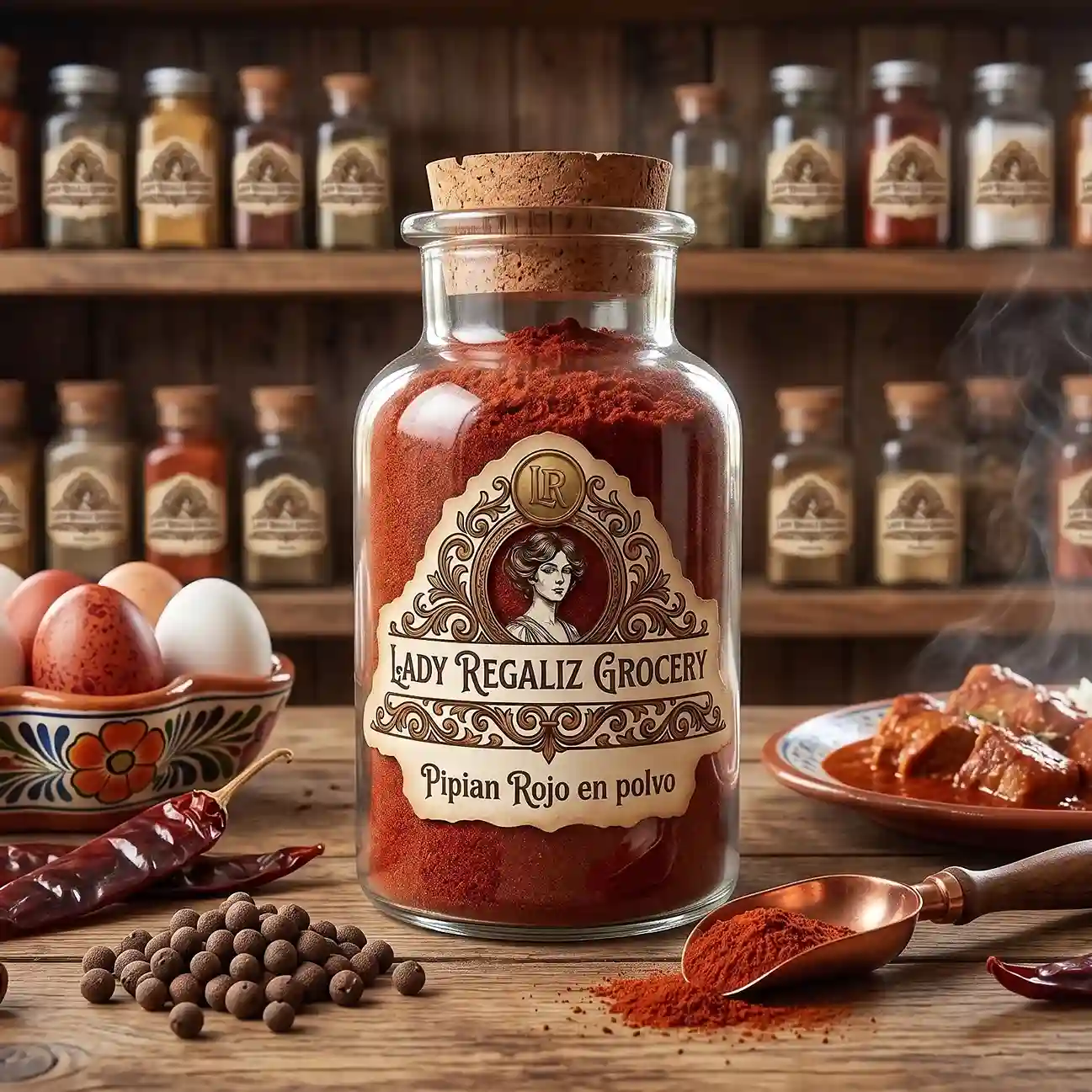 Pipián rojo tradicional en polvo de tono cálido en frasco de botica antigua, sobre mesa de madera, acompañado de huevera de cerámica con huevos rojos y blancos, montoncito de chiles secos y pimientas gordas, palita de latón y plato de cerámica con cerdo en pipían rojo, s al fondo un estante de madera con frascos de productos artesanales de Lady Regaliz Grocery.
