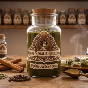 Pipián verde artesanal en pasta espesa y aromática dentro de frasco tradicional de vidrio, sobre mesa de madera, acompañado de canela en vara, pimienta gorda, plato de barro con cerdo en pipían verde recién servido, palita de latón, al fondo un estante de madera con frascos de frutas deshidratadas de Lady Regaliz Grocery.