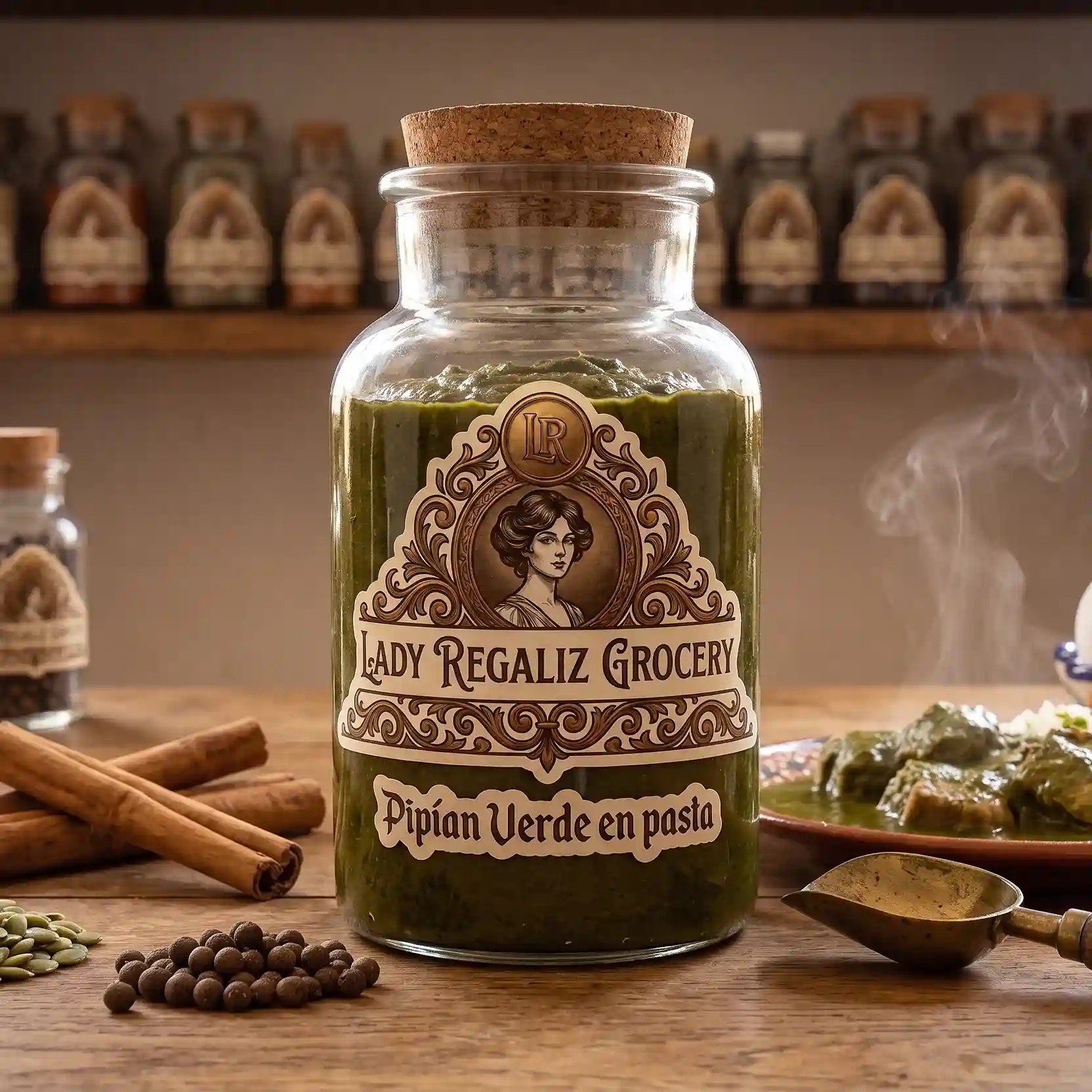 Pipián verde artesanal en pasta espesa y aromática dentro de frasco tradicional de vidrio, sobre mesa de madera, acompañado de canela en vara, pimienta gorda, plato de barro con cerdo en pipían verde recién servido, palita de latón, al fondo un estante de madera con frascos de frutas deshidratadas de Lady Regaliz Grocery.