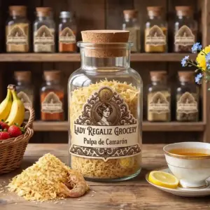 Pulpa de camarón hecha 100% con camarones secos, sobre mesa de madera, acompañado de canasta de mimbre con frutas, taza de té con platito, rodaja de limón, al fondo un estante de madera con frascos de frutos secos de Lady Regaliz Grocery.