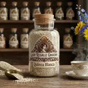 Granos de quinoa blanca orgánica de grano fino en frasco de vidrio antiguo sobre mesa de madera, a un lado un montoncito de semilla de quinoa blanca, una palita de latón, una taza de té recién servida y al fondo unos girasoles y un estante con condimentos de Lady Regaliz Grocery.