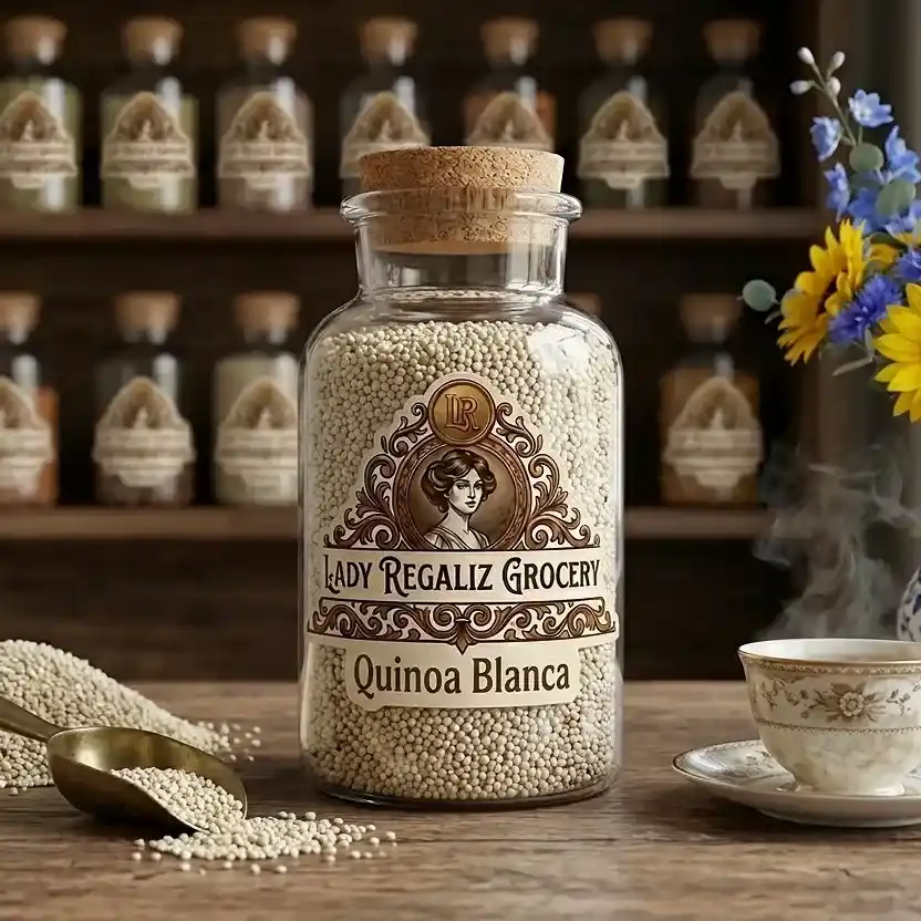 Granos de quinoa blanca orgánica de grano fino en frasco de vidrio antiguo sobre mesa de madera, a un lado un montoncito de semilla de quinoa blanca, una palita de latón, una taza de té recién servida y al fondo unos girasoles y un estante con condimentos de Lady Regaliz Grocery.