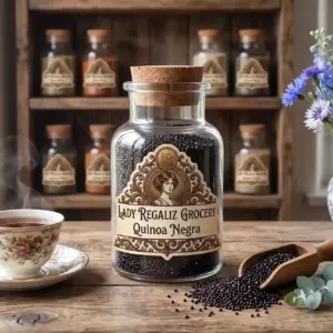 Semillas de quinoa negra de textura fina en frasco tradicional de botica vintage, sobre mesa de madera con té caliente servido en tacita elegante de porcelana, palita de madera y flores moradas, al fondo una de las estanterías de Lady Regaliz Grocery.