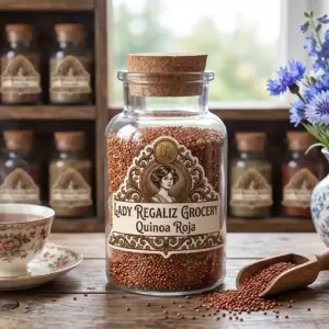 Granos de quinoa roja orgánica en frasco de vidrio antiguo sobre mesa de madera rústica con taza vintage de té, palita de madera y florero de porcelana con flores moradas en Lady Regaliz Grocery.
