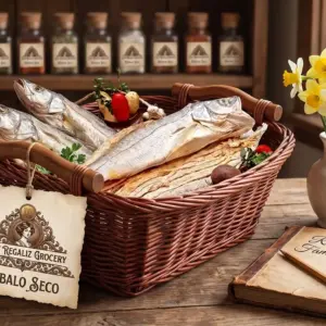 Filete de pescado robalo seco artesanal, en canasta de mimbre color caoba, sobre mesa de madera con cuaderno de recetas familiares y florero blanco con flores amarillas, al fondo un estante de madera con frascos de condimentos de Lady Regaliz Grocery.