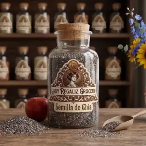 Semillas de chía negra y blanca en frasco tradicional de vidrio de época sobre mesa de madera, acompañado de un montoncito de semilla de chia, una manzana roja y una palita de madera, al fondo estantes de frutas deshidratadas de Lady Regaliz Grocery.