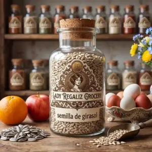 Semillas de girasol peladas y limpias en frasco artesanal con tapón de corcho, sobre mesa de madera con naranja y manzana frescas, palita de latón con semillas de girasol peladas, huevera elegante con huevos rojos y blancos, flores amarillas y azules, al fondo un estante de la tienda de Lady Regaliz Grocery con condimentos.