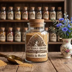 Semillas de mostaza amarilla enteras en frasco rústico de vidrio con etiqueta vintage sobre mesa de madera, a un lado una palita de cobre y un florero elegante con flores azules y hojas de eucalipto, al fondo estante con frascos de condimentos en Lady Regaliz.