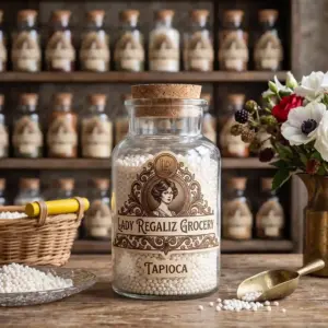 Perlas de tapioca blanca e higiénica en frasco de vidrio vintage con tapón de corcho, sobre mesa de madera, acompañado de platito de vidrio con perlas de tapioca, canasta de mimbre con perlas de tapioca, palita de latón, claveles blancos y rojos con vainas de moras en lechera de latón, al fondo un estante de madera con frascos de frutas deshidratadas de Lady Regaliz Grocery.
