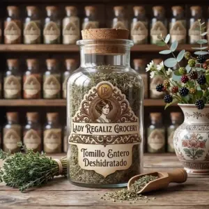 Hojas de tomillo deshidratado en frasco de vidrio vintage con tapón de corcho y etiqueta de época, sobre mesa de madera rústica con manojo de tomillo fresco, palita de madera y florero elegante con vainas de mora y hojas de eucalipto en Lady Regaliz Grocery.