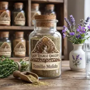 Tomillo molido de tono verde oliva en frasco de botica vintage con manojo de tomillo fresco palita de madera y un florero con flores moradas de fondo en Lady Regaliz Grocery.