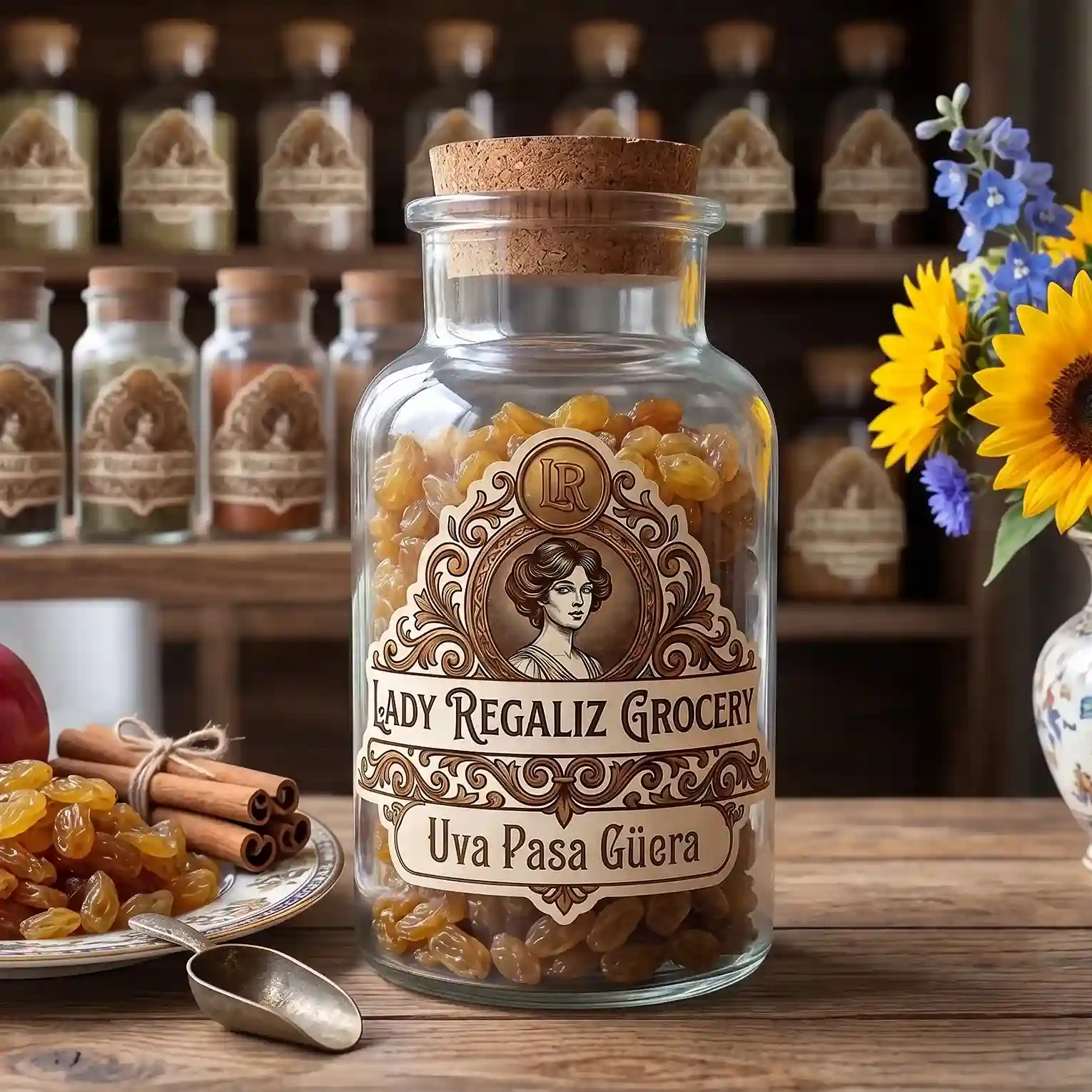 Uvas pasas güeras deshidratadas de color dorado en frasco artesanal vintage sobre mesa de madera, a lado un platito con uvas pasas güeras, canela y una palita de aluminio, al fondo unos girasoles y una estantería con frascos de especias del mundo de Lady Regaliz Grocery.