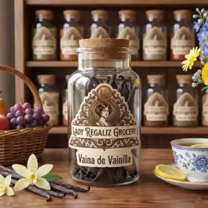 Vaina de Vainilla natural en frasco vintage, sobre mesa de madera, acompañado de frutero con frutas frescas, vainas de vainilla con flores de vainilla, taza de té con rodajas de limón, al fondo un estante de madera con frascos de frutos secos de Lady Regaliz Grocery.