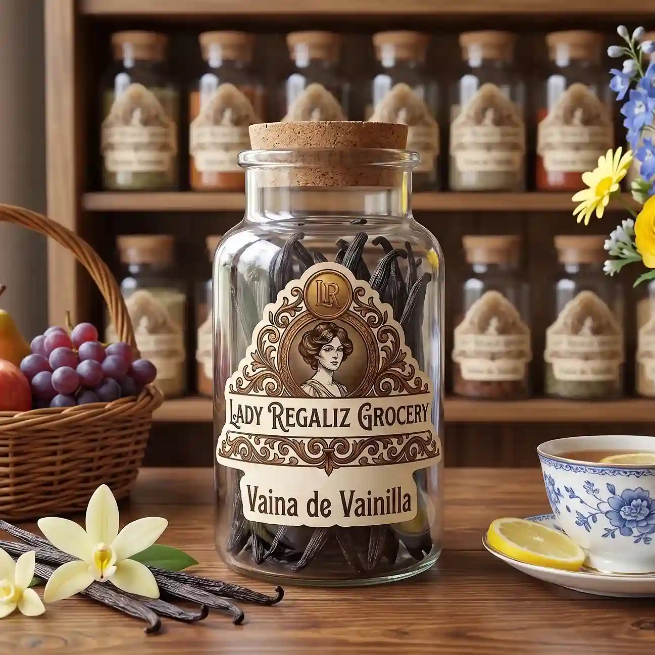 Vaina de Vainilla natural en frasco vintage, sobre mesa de madera, acompañado de frutero con frutas frescas, vainas de vainilla con flores de vainilla, taza de té con rodajas de limón, al fondo un estante de madera con frascos de frutos secos de Lady Regaliz Grocery.