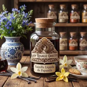 Extracto de vainilla líquida de Papantla de color oscuro en frasco de vidrio tradicional de época, sobre mesa de madera con florero blanco con dibujos azules y flores moradas, acompañado de vainas de vainilla frescas y flores de vainilla con taza de té y galleta, al fondo hay más frascos de Lady Regaliz Grocery.