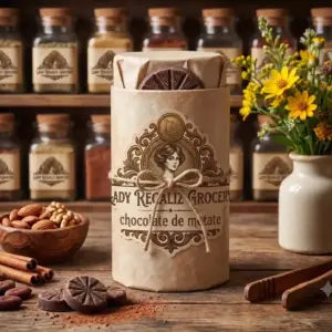 Chocolate en Tablilla molido en metate, se encuentra sobre mesa rústica de madera, hay un cuenco con almendras y nueces, cacao y canela, también hay unas pinzas de madera y un florero vintage con flores amarillas. Al fondo se ven más frascos de la Tienda de Lady Regaliz Grocery.