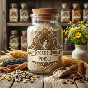 Mesa rústica en la tienda de Lady Regaliz Grocery, sobre la mesa hay pinole, acompañado de Maíz, mazorcas, canela, clavo de olor, piloncillo y un florero vintage, Al fondo se ven más frascos de la Tienda de Lady Regaliz Grocery.