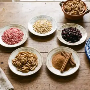Ingredientes selectos para preparar chiles en nogada, contiene: piñon blanco, piñón rosa, arándanos deshidratados, nuez pecana y nuez de castilla, sobre mesa de madera de lady regaliz grocery.