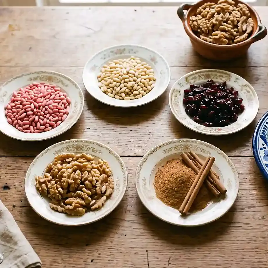 Ingredientes selectos para preparar chiles en nogada, contiene: piñon blanco, piñón rosa, arándanos deshidratados, nuez pecana y nuez de castilla, sobre mesa de madera de lady regaliz grocery.