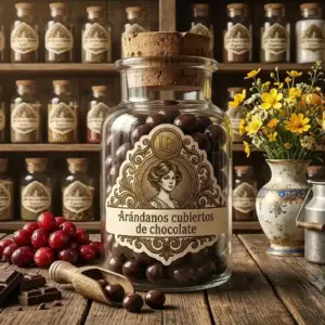 Frasco de vidrio con tapón de corcho, relleno de arándanos deshidratados cubiertos de chocolate, de lady regaliz grocery