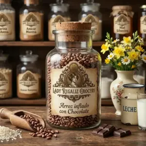 Arroz inflado cubierto con chocolate, dentro de frasco de vidrio con tapón de corcho, de la tienda de lady regaliz grocery