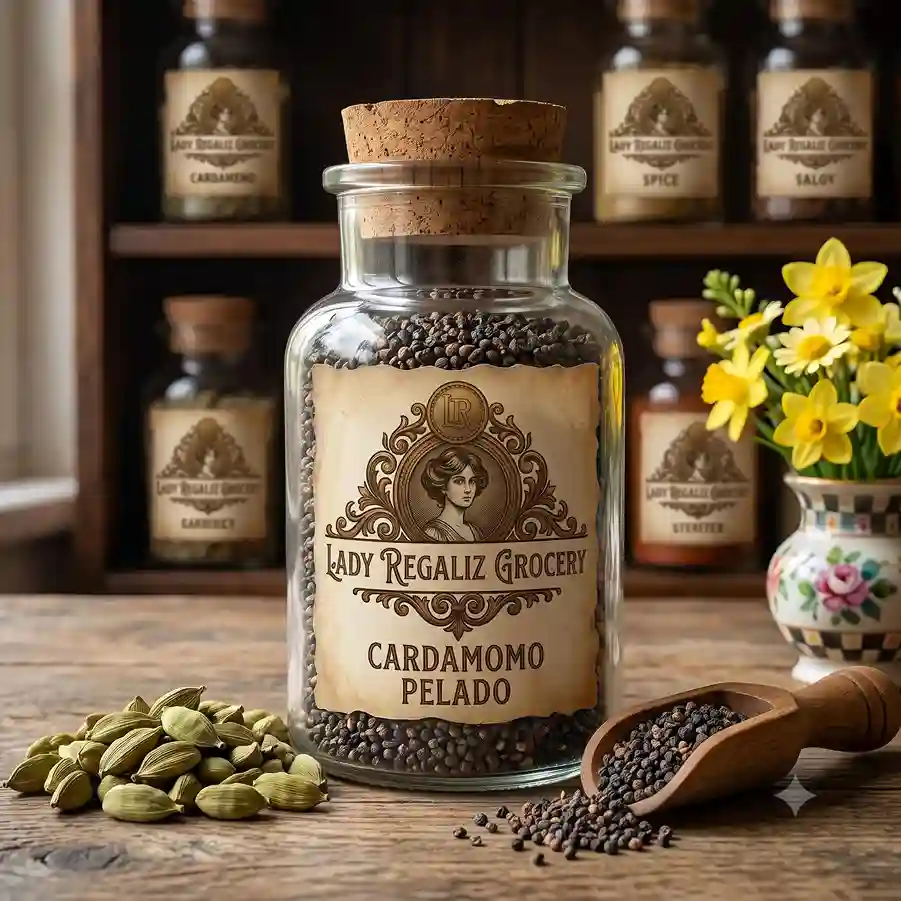 Frasco de vidrio con tapón de corcho, de la tienda de Lady Regaliz Grocery, contiene cardamomo pelado, sobre mesa de madera, hay también un florero de porcelana con flores amarillas y al fondo más frascos de la tienda de Lady Regaliz Grocery
