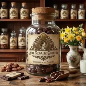 Frasco de vidrio con tapón de corcho, contiene nuez pecana cubierta de chocolate envinado, sobre mesa de madera, al fondo se ve la tienda de Lady Regaliz grocery